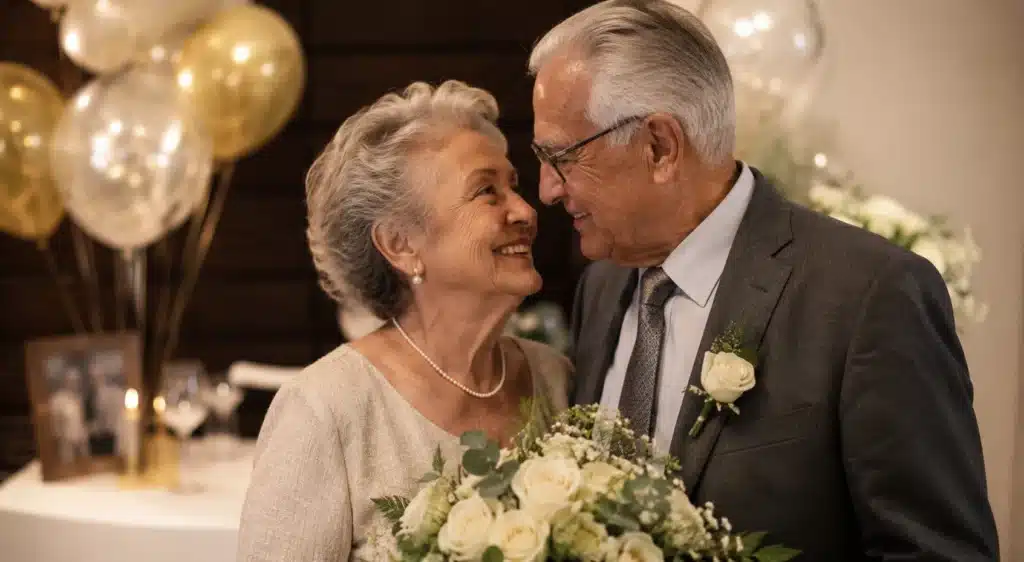 Pareja de adultos mayores celebrando su boda diamante con decoración elegante y ambiente romántico en aniversario de 60 años de matrimonio.