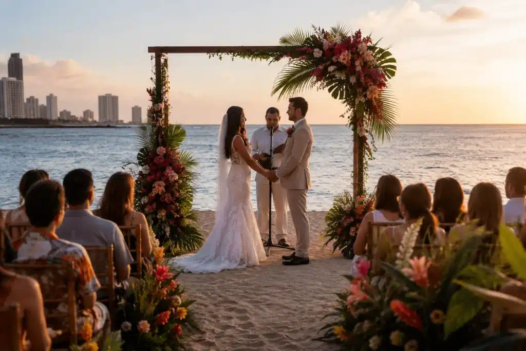 Matrimonio en la playa en Cartagena con ceremonia romántica frente al mar y altar floral tropical al atardecer