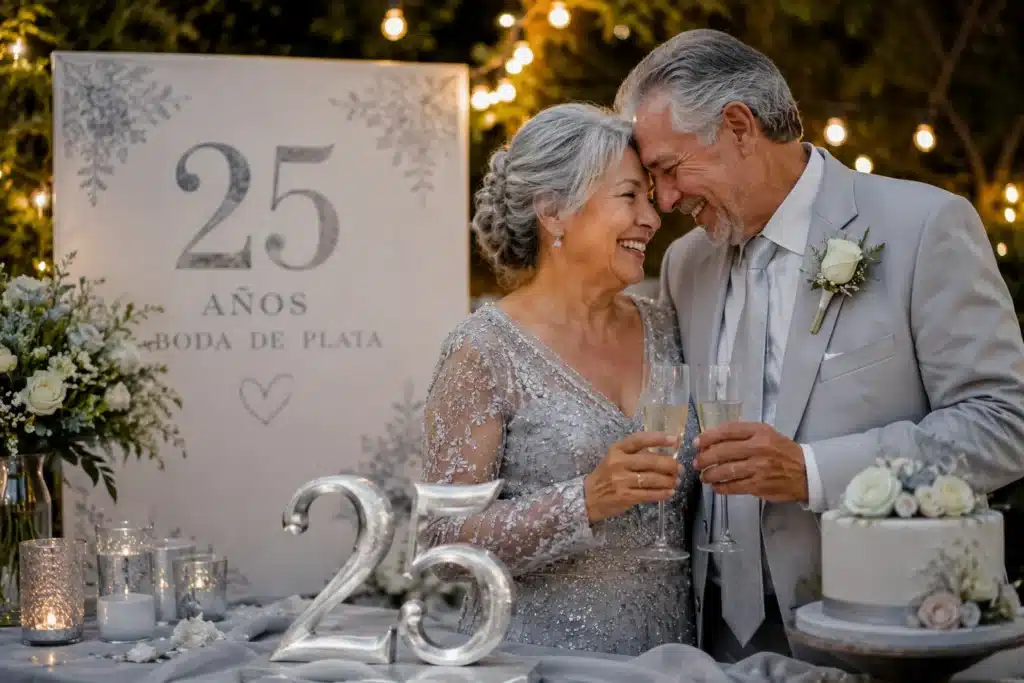 Pareja celebrando sus bodas de plata con decoración elegante y pastel de aniversario