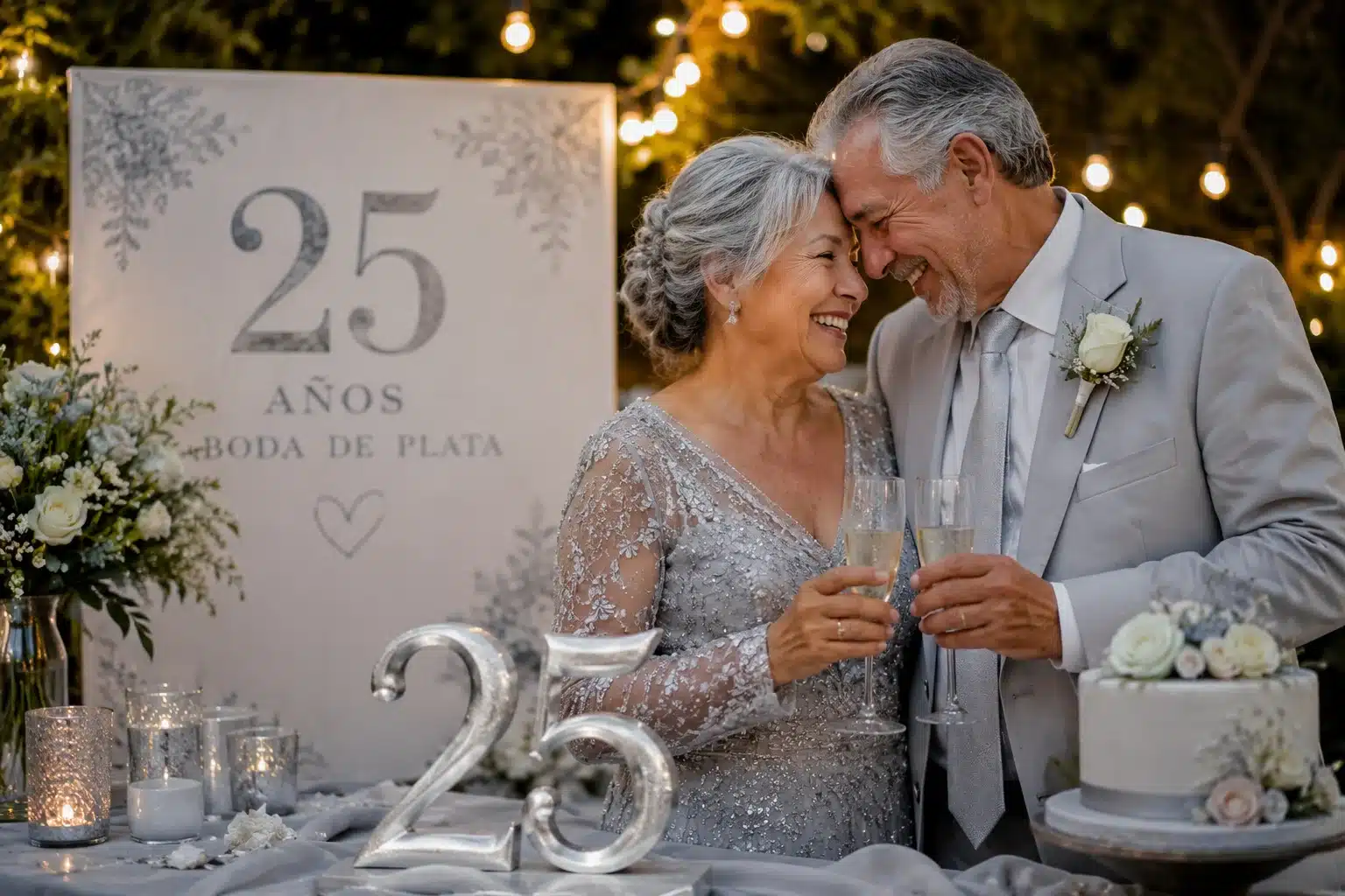 Pareja celebrando sus bodas de plata con decoración elegante y pastel de aniversario